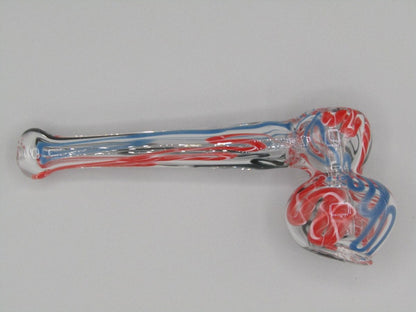 Top right side view 4" mini swirl bubbler with black, red, and blue color combo.