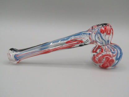 Right side view 4" mini swirl bubbler with black, red, and blue color combo.