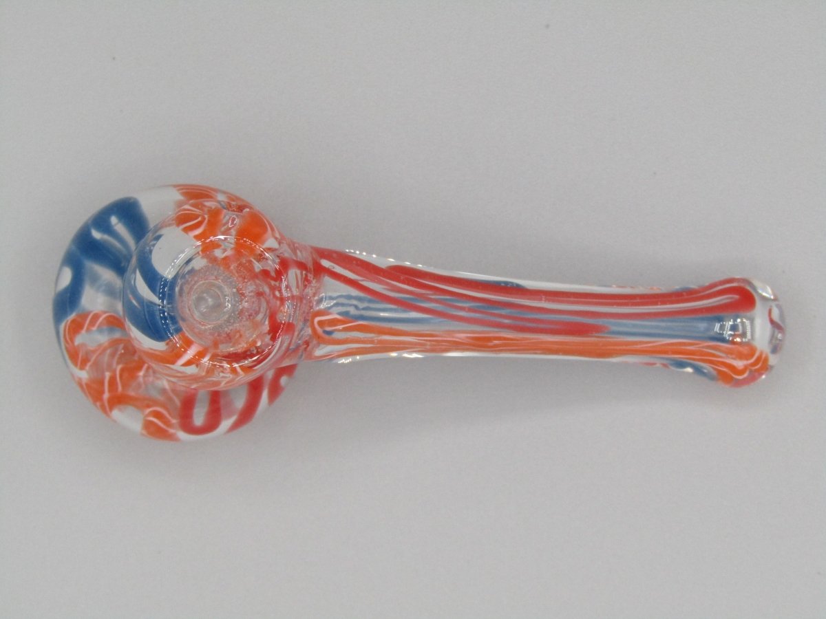 Top view 4" mini swirl bubbler with blue, orange, and red color combo.