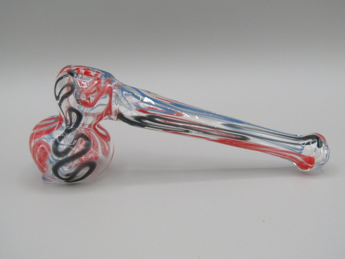 Left side view 4" mini swirl bubbler with black, red, and blue color combo.