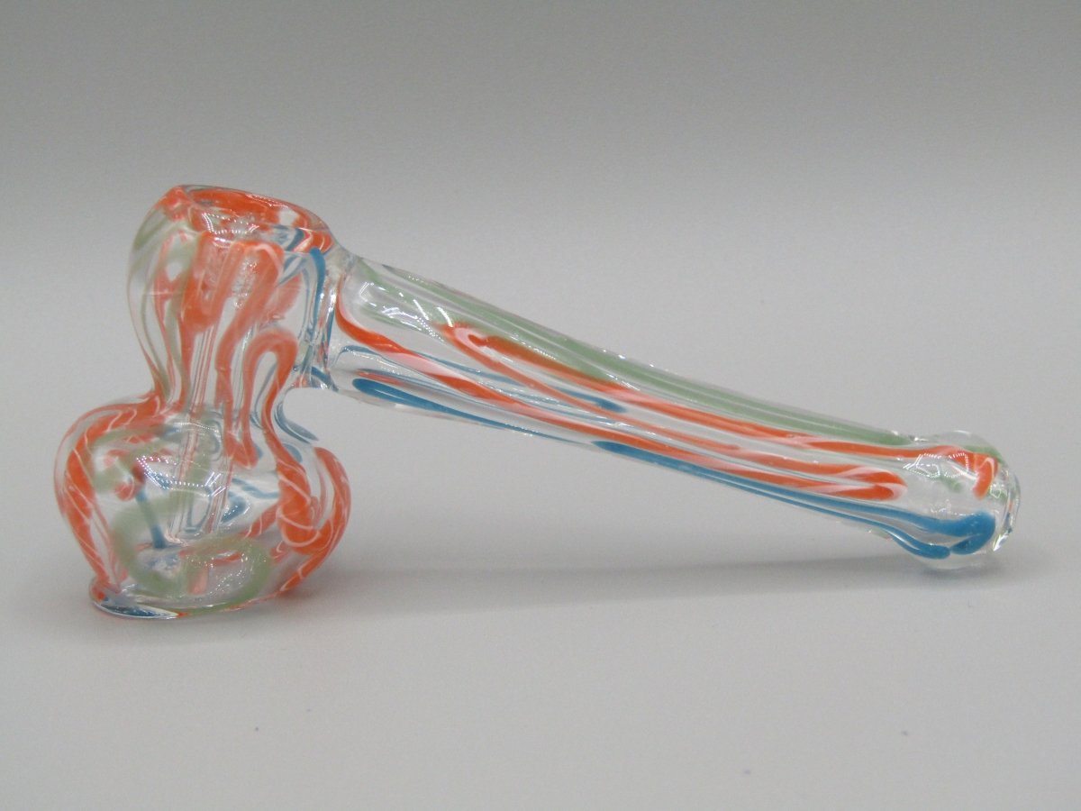 Left side view 4" mini swirl bubbler with blue, orange, and green color combo.