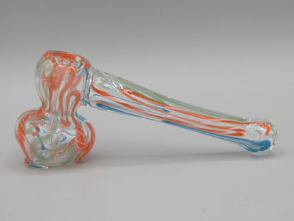 Left side view 4" mini swirl bubbler with blue, orange, and green color combo.