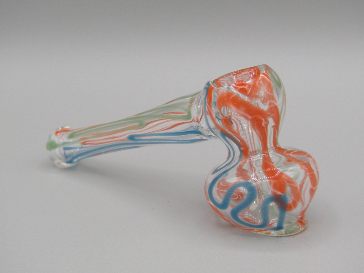 Zoom view 4" mini swirl bubbler with blue, orange, and green color combo.