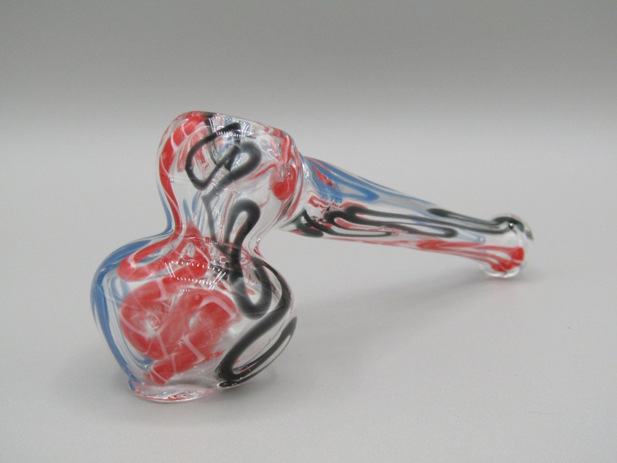 Zoom view 4" mini swirl bubbler with black, red, and blue color combo.