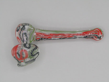 Top left side view 4" mini swirl bubbler with black, orange, and green color combo.