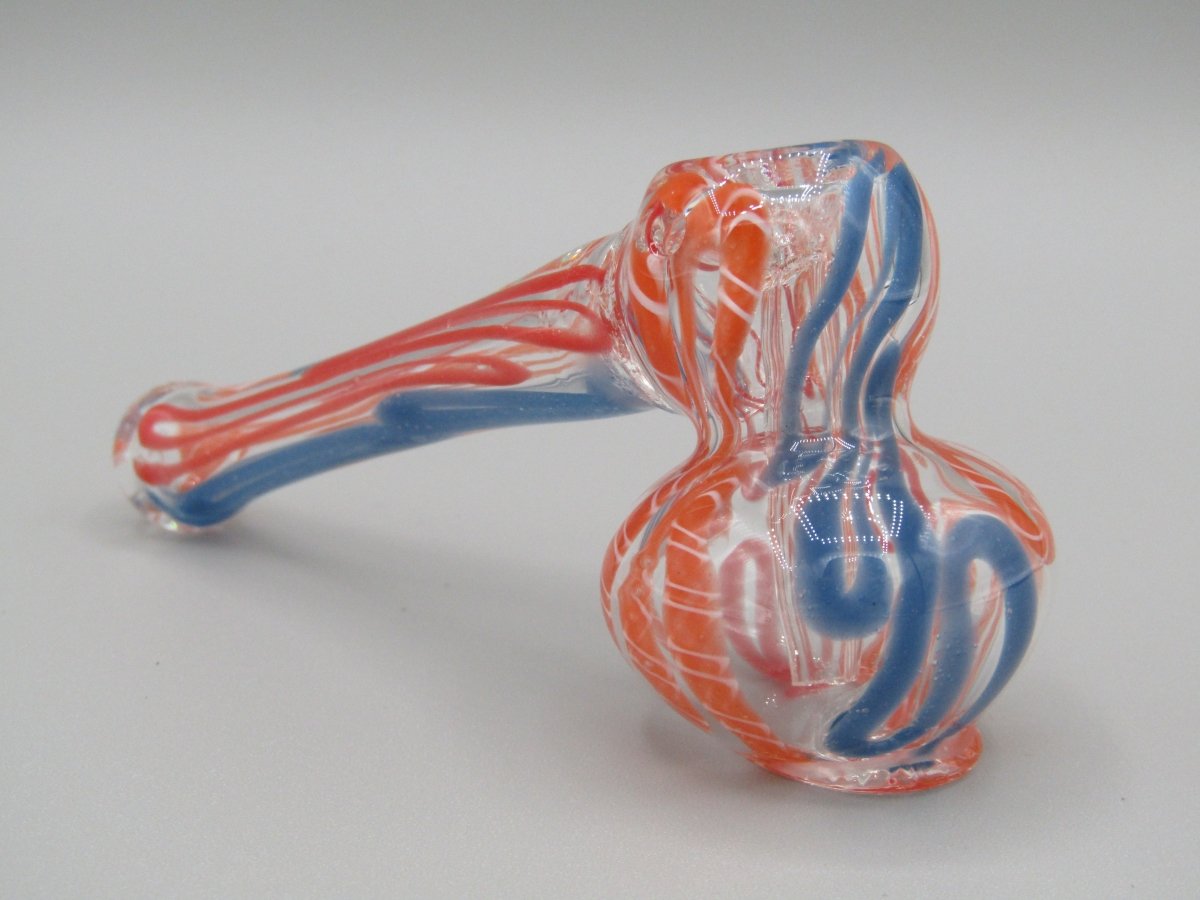 Zoom view 4" mini swirl bubbler with blue, orange, and red color combo.