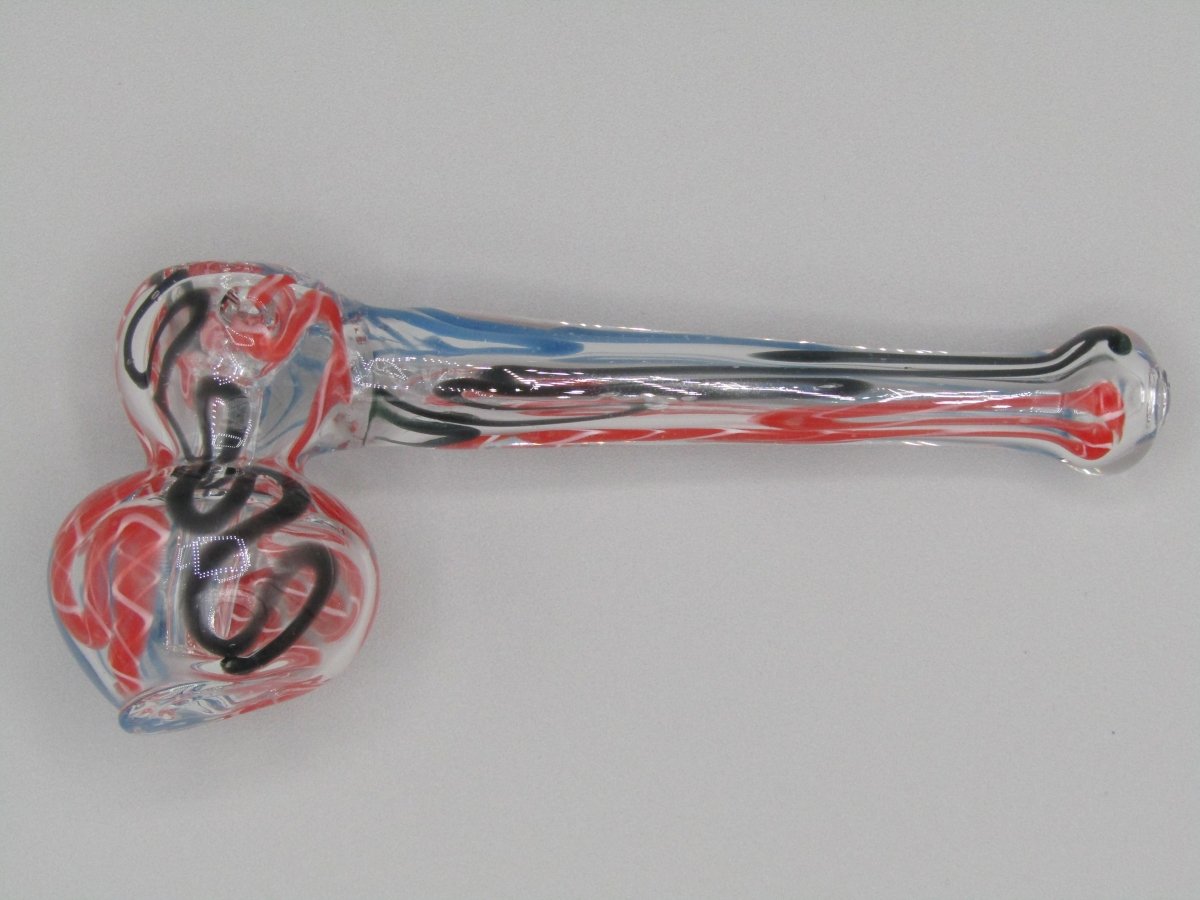 Top left side view 4" mini swirl bubbler with black, red, and blue color combo.