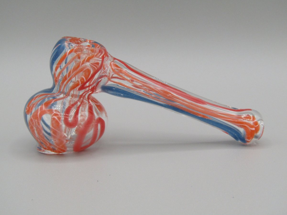 Left side view 4" mini swirl bubbler with blue, orange, and red color combo.