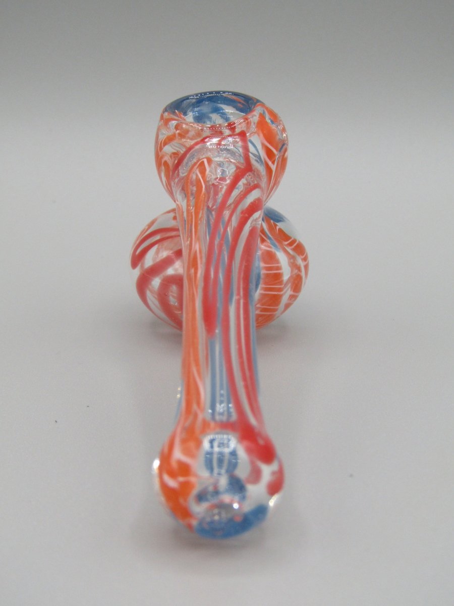 POV 4" mini swirl bubbler with blue, orange, and red color combo.