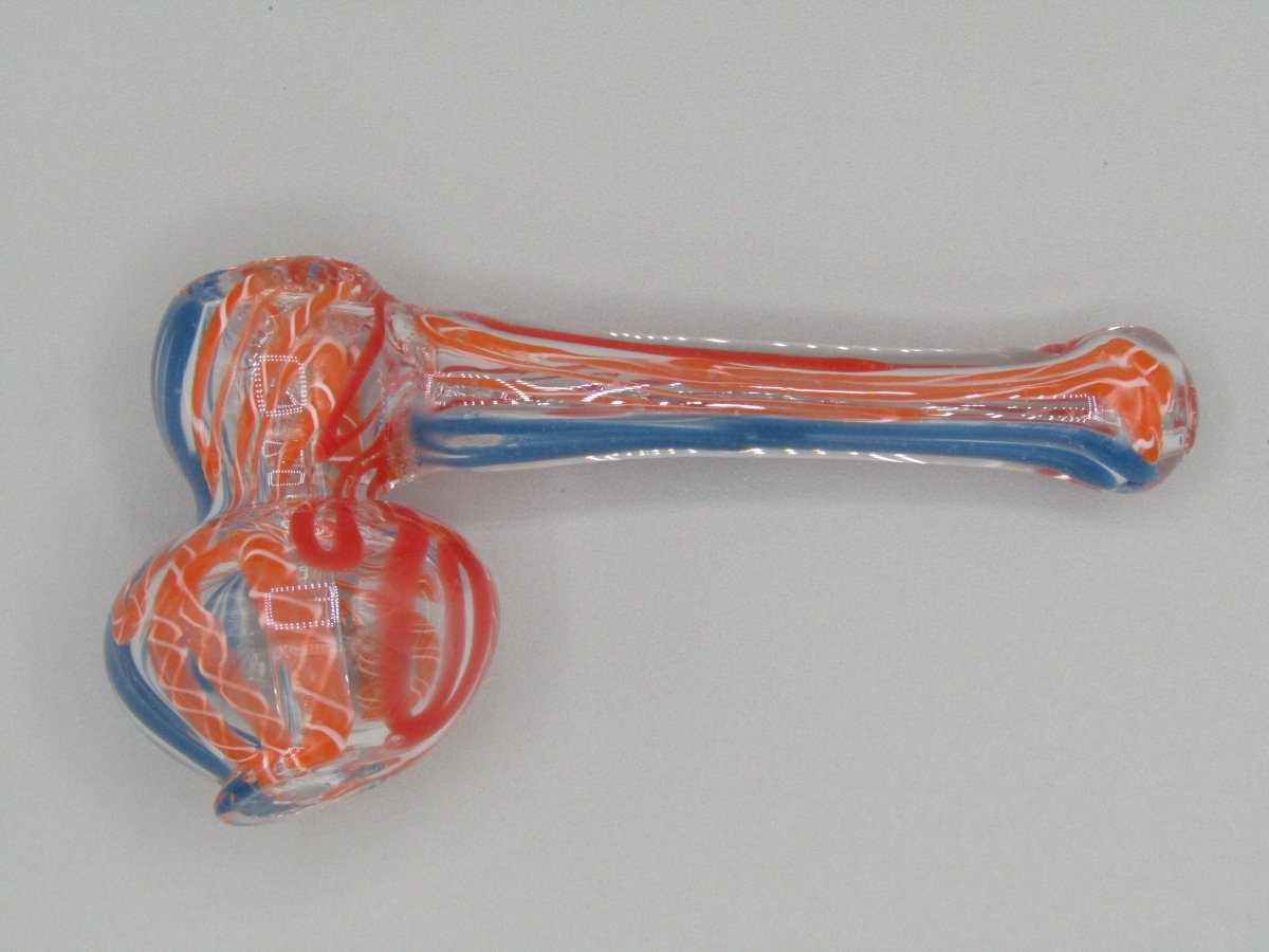 Top left view 4" mini swirl bubbler with blue, orange, and red color combo.