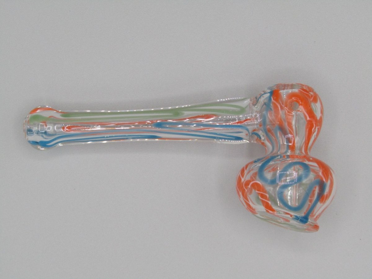 Top right side view 4" mini swirl bubbler with blue, orange, and green color combo.