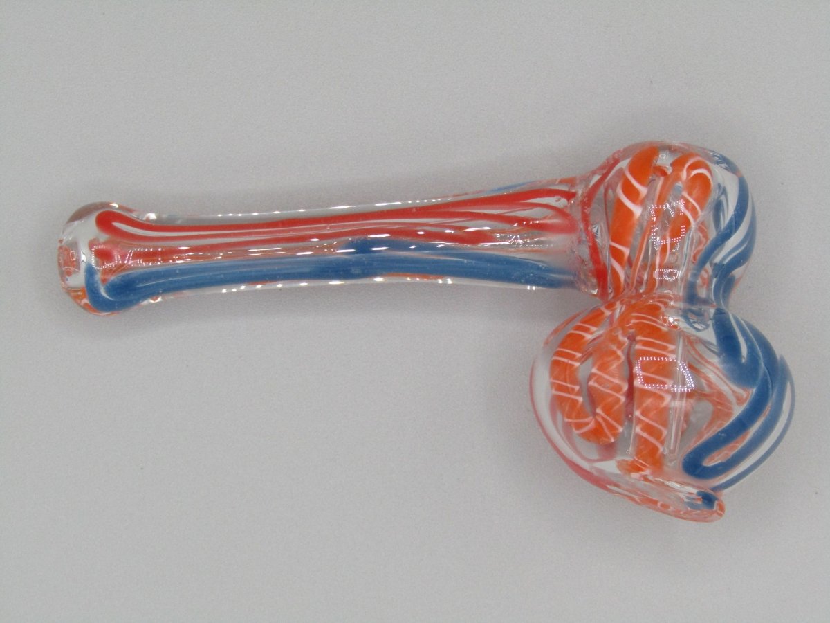 Top right view 4" mini swirl bubbler with blue, orange, and red color combo.