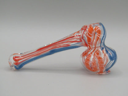 Right side view 4" mini swirl bubbler with blue, orange, and red color combo.