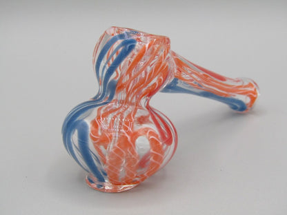 Zoom view 4" mini swirl bubbler with blue, orange, and red color combo.