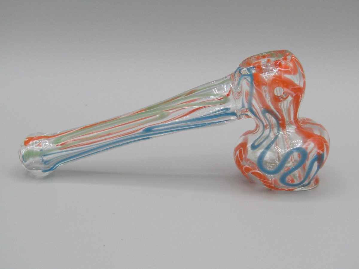 Right side view 4" mini swirl bubbler with blue, orange, and green color combo.