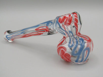 Zoom view 4" mini swirl bubbler with black, red, and blue color combo.