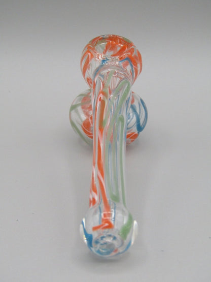 POV 4" mini swirl bubbler with blue, orange, and green color combo.