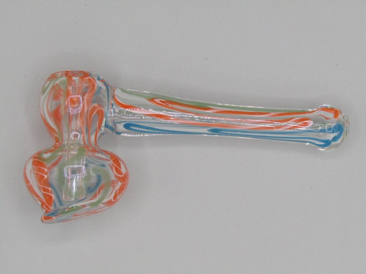 Top  left side view 4" mini swirl bubbler with blue, orange, and green color combo.