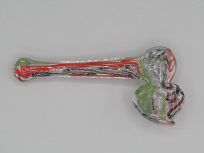 Top right side view 4" mini swirl bubbler with black, orange, and green color combo.