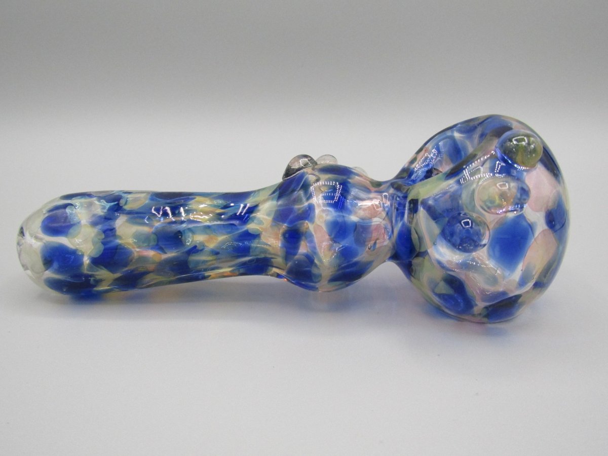 Right side view 6" double blown spoon hand pipe w/ multiple knockers...bubble trap and mixed fumed glass w/ blue/white/translucent color combo.