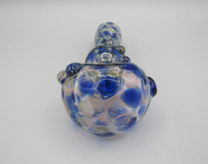 Zoom view 6" double blown spoon hand pipe w/ multiple knockers...bubble trap and mixed fumed glass w/ blue/white/translucent color combo.