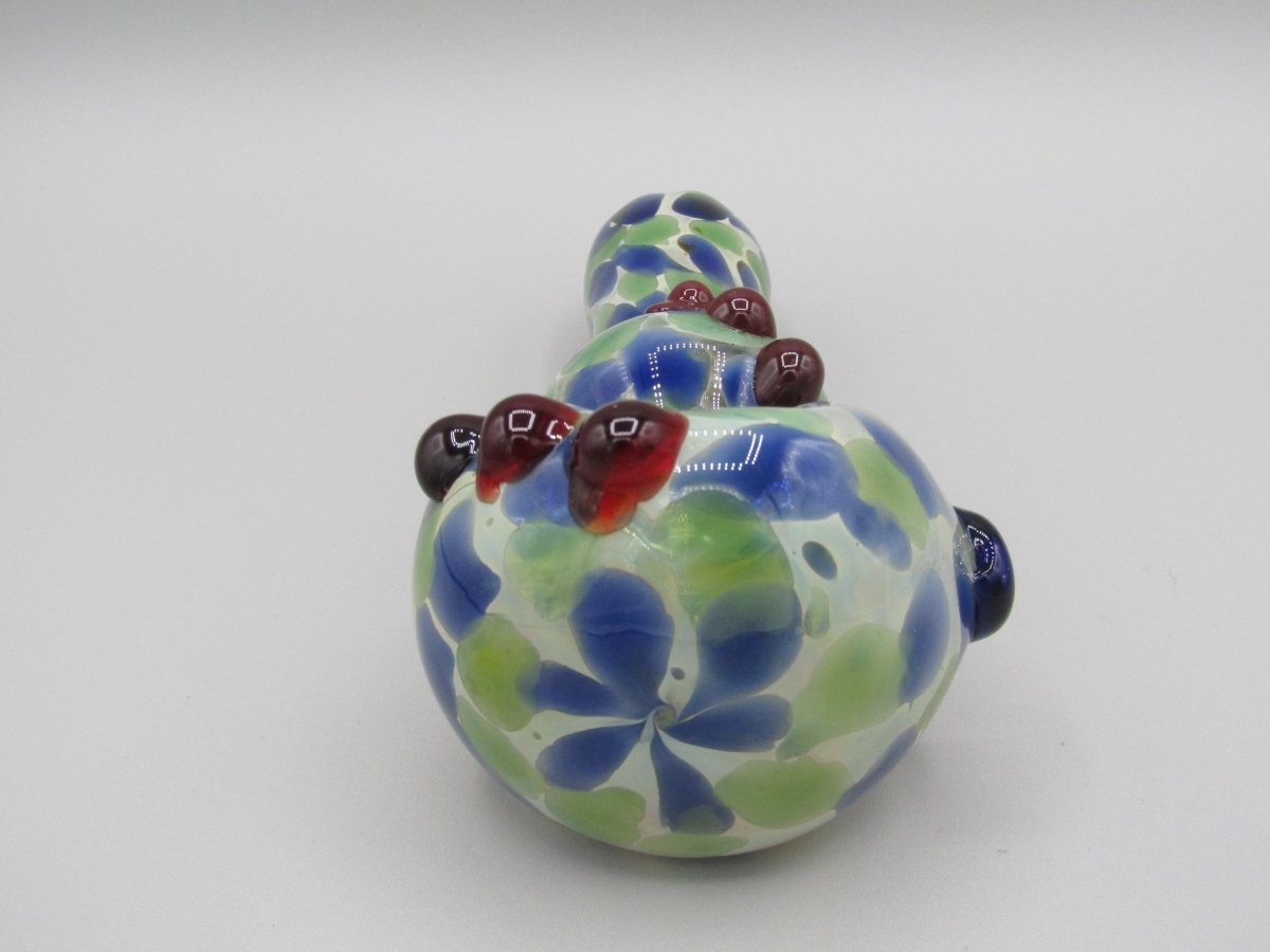 Zoom view 6" double blown spoon hand pipe w/ multiple knockers...bubble trap and mixed fumed glass w/ blue/green/white color combo.