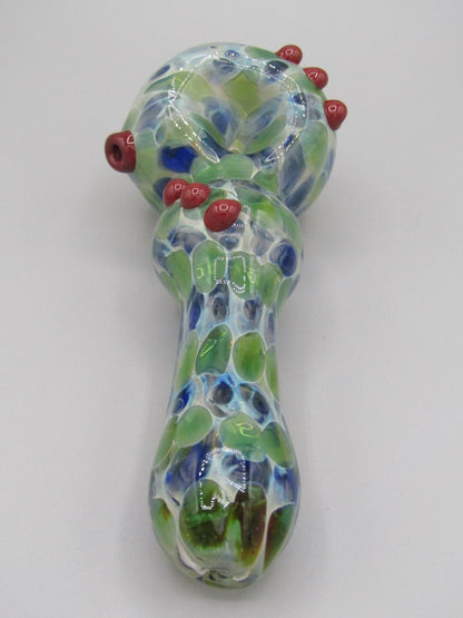 Top view 6" double blown spoon hand pipe w/ multiple knockers...bubble trap and mixed fumed glass w/ blue/green/white color combo.