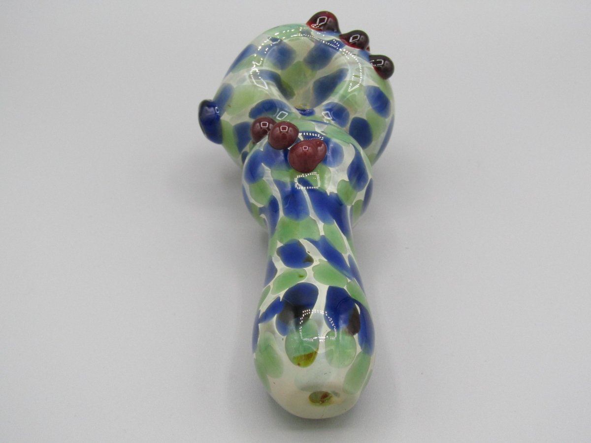 Top view 6" double blown spoon hand pipe w/ multiple knockers...bubble trap and mixed fumed glass w/ blue/green/white color combo.