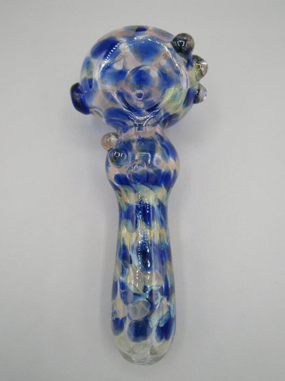 Top view 6" double blown spoon hand pipe w/ multiple knockers...bubble trap and mixed fumed glass w/ blue/white/translucent color combo.