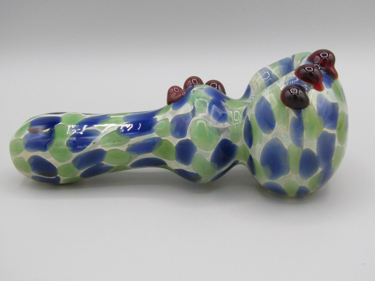 Right side view 6" double blown spoon hand pipe w/ multiple knockers...bubble trap and mixed fumed glass w/ blue/green/white color combo.