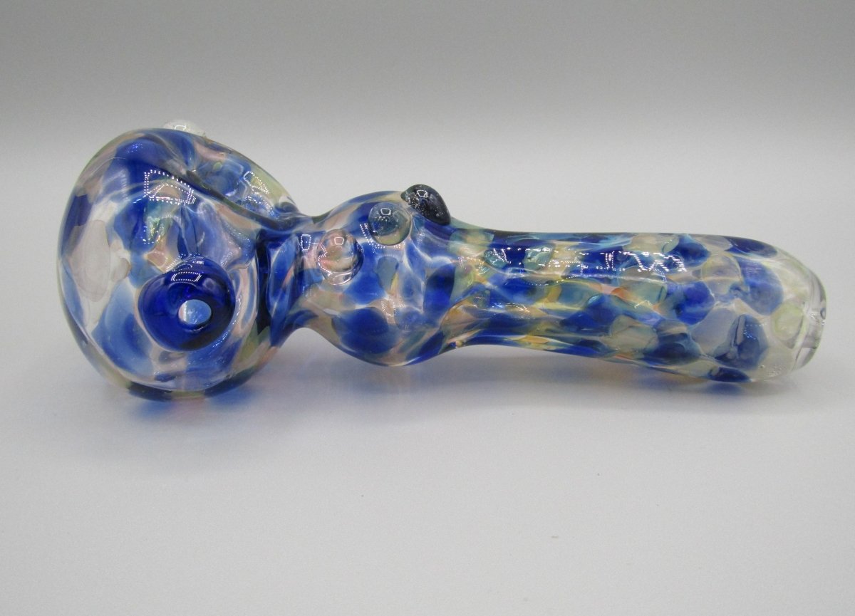 Left side view 6" double blown spoon hand pipe w/ multiple knockers...bubble trap and mixed fumed glass w/ blue/white/translucent color combo.