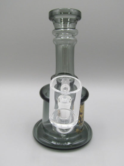 Front view 6.5" ringed, bent neck rig with circular percolator, thick glass base and smoke color.