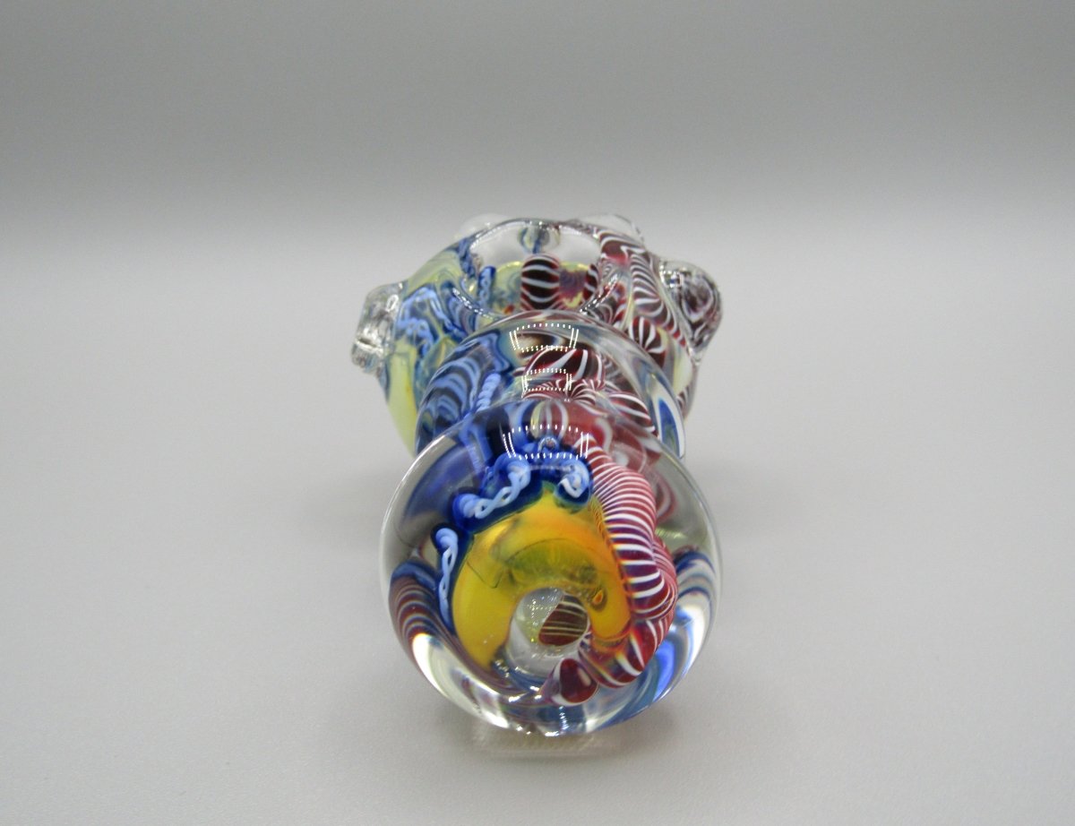 POV 4" triple blown, ringed, spoon hand pipe w/ multiple knockers...ribboned and gold fumed glass  w/ multi color accents.