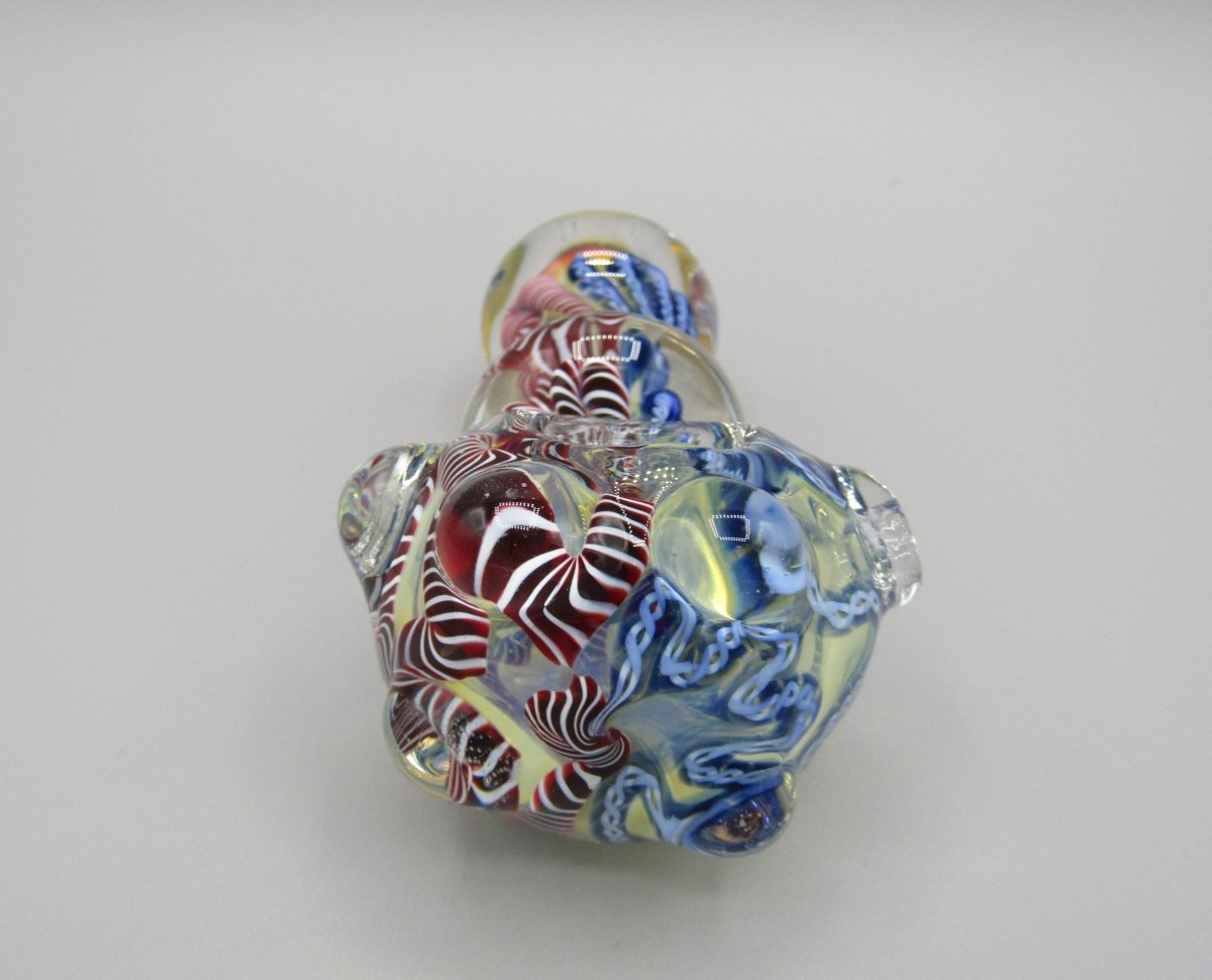 Zoom view 4" triple blown, ringed, spoon hand pipe w/ multiple knockers...ribboned and gold fumed glass  w/ multi color accents.