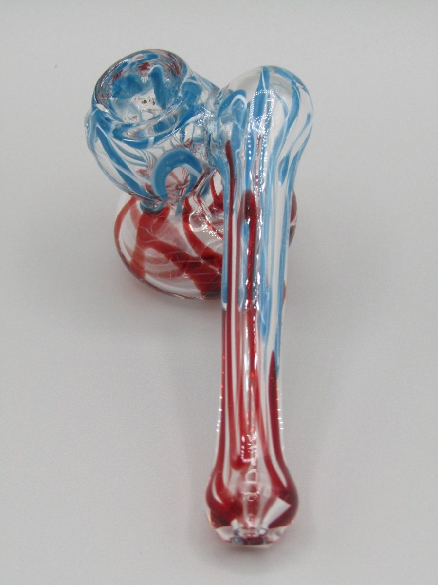 Top view 4" sidecar swirl hammer bubbler w/ blue and red color accents.