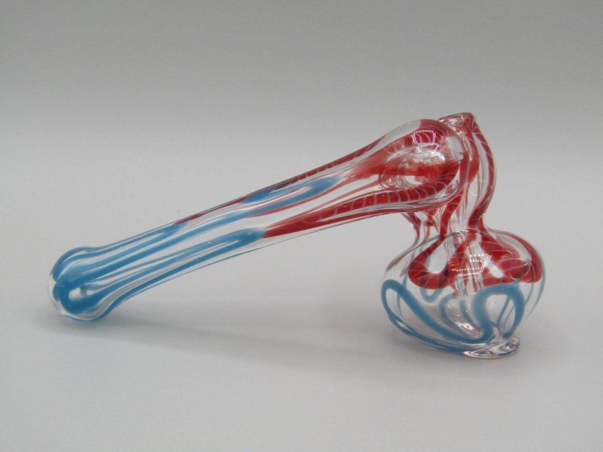 Right side view 4" sidecar swirl hammer bubbler w/ blue and red color accents.