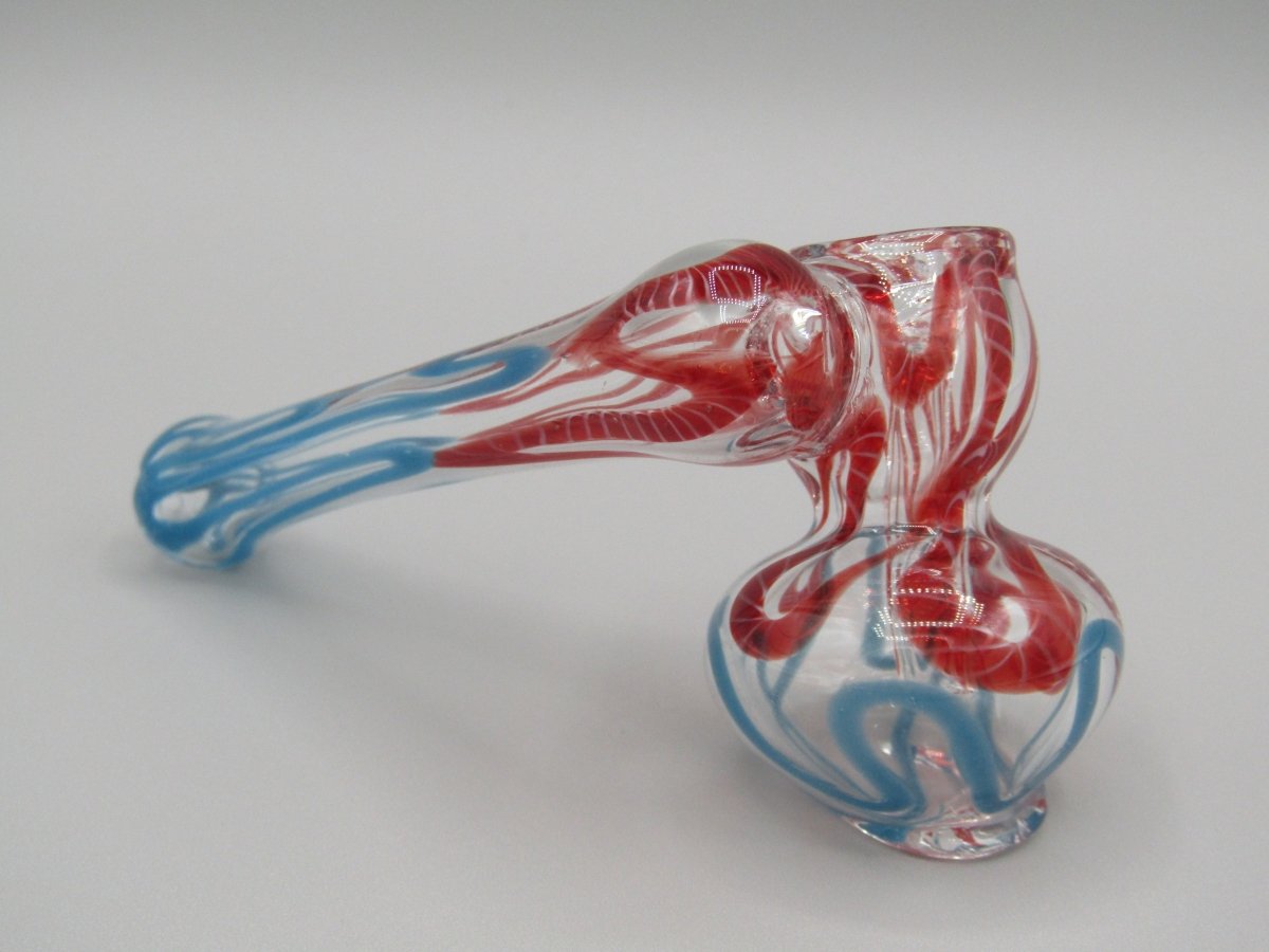 Zoom view 4" sidecar swirl hammer bubbler w/ blue and red color accents.