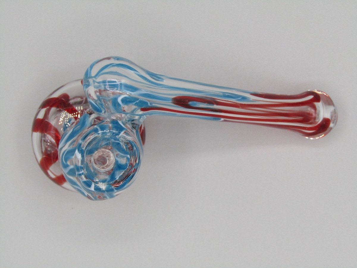 Top view 4" sidecar swirl hammer bubbler w/ blue and red color accents.