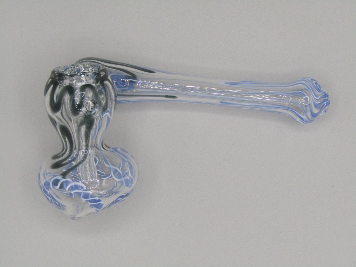 Top left side view 4" sidecar swirl hammer bubbler w/ black and blue color accents.