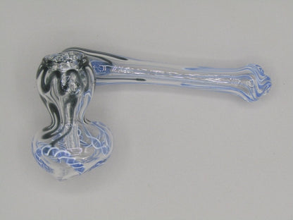 Top left side view 4" sidecar swirl hammer bubbler w/ black and blue color accents.