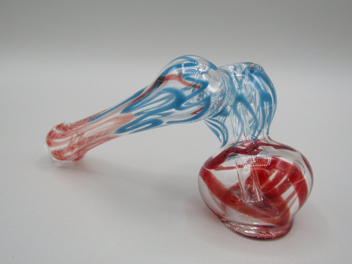 Zoom view 4" sidecar swirl hammer bubbler w/ blue and red color accents.