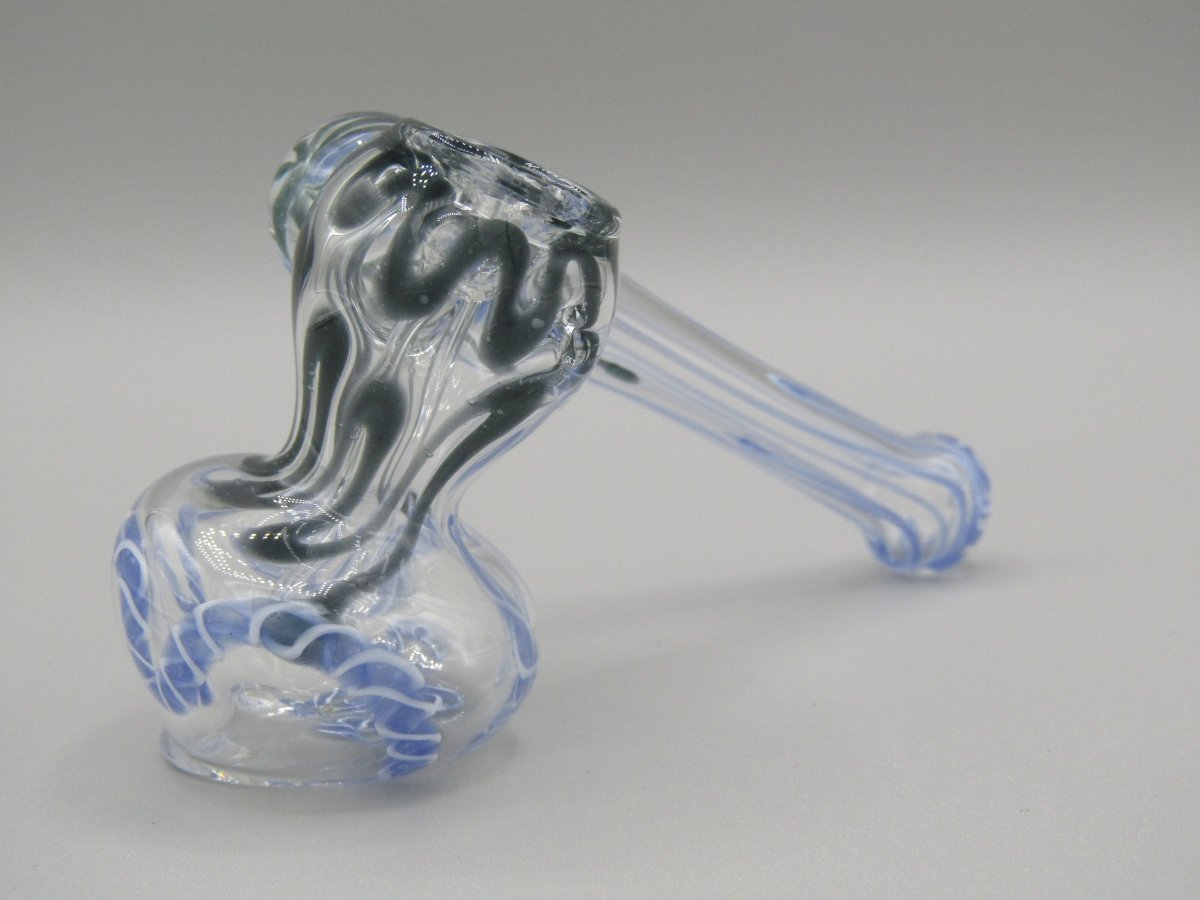 Zoom view 4" sidecar swirl hammer bubbler w/ black and blue color accents.