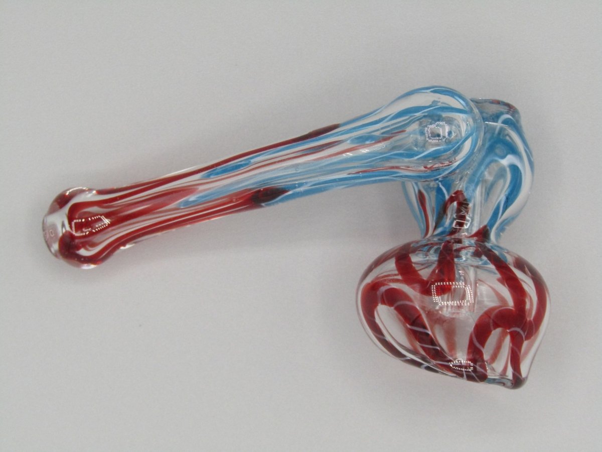 Top right side view 4" sidecar swirl hammer bubbler w/ blue and red color accents.