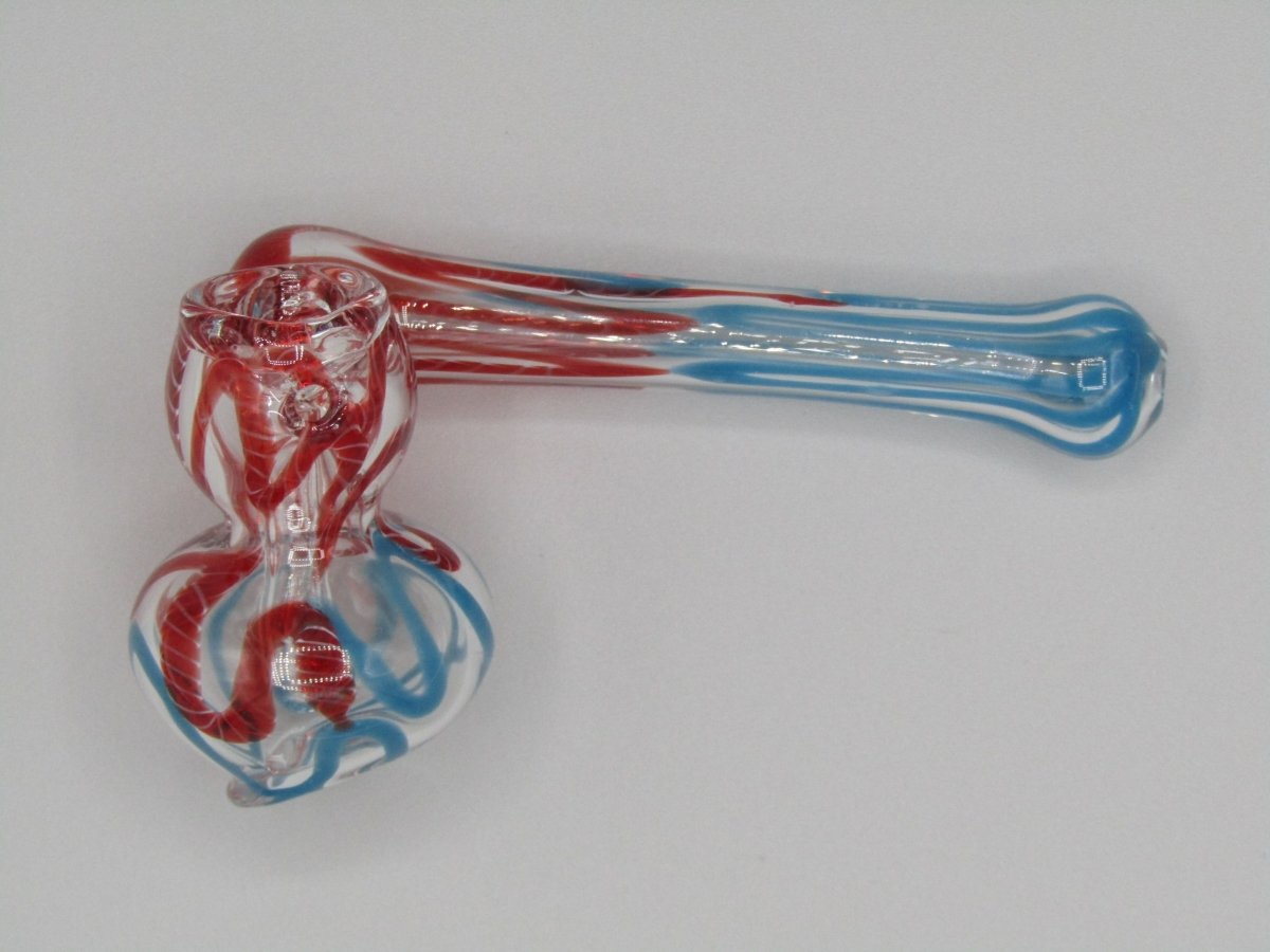 Top left side view 4" sidecar swirl hammer bubbler w/ blue and red color accents.