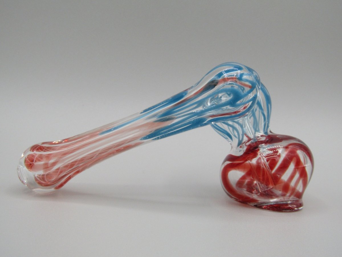 Right side view 4" sidecar swirl hammer bubbler w/ blue and red color accents.