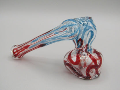 Zoom view 4" sidecar swirl hammer bubbler w/ blue and red color accents.