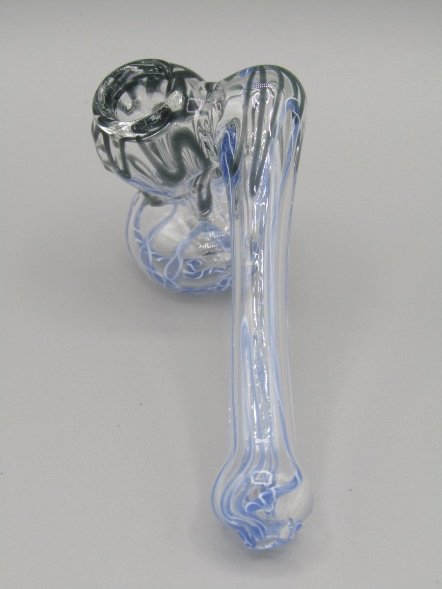 Top view 4" sidecar swirl hammer bubbler w/ black and blue color accents.