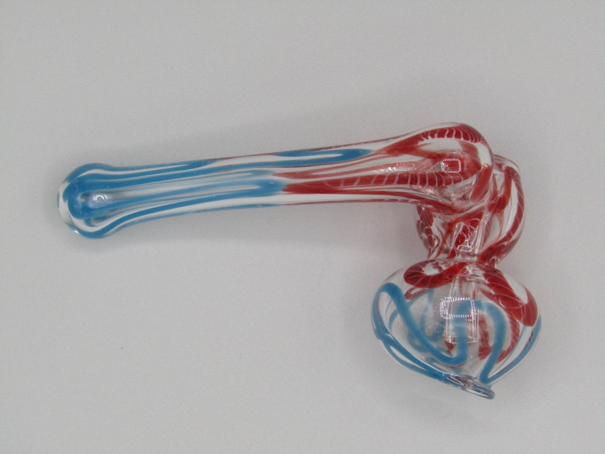 Top right side view 4" sidecar swirl hammer bubbler w/ blue and red color accents.