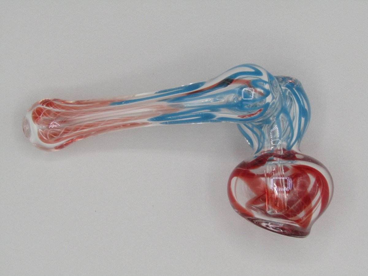 Top right side view 4" sidecar swirl hammer bubbler w/ blue and red color accents.