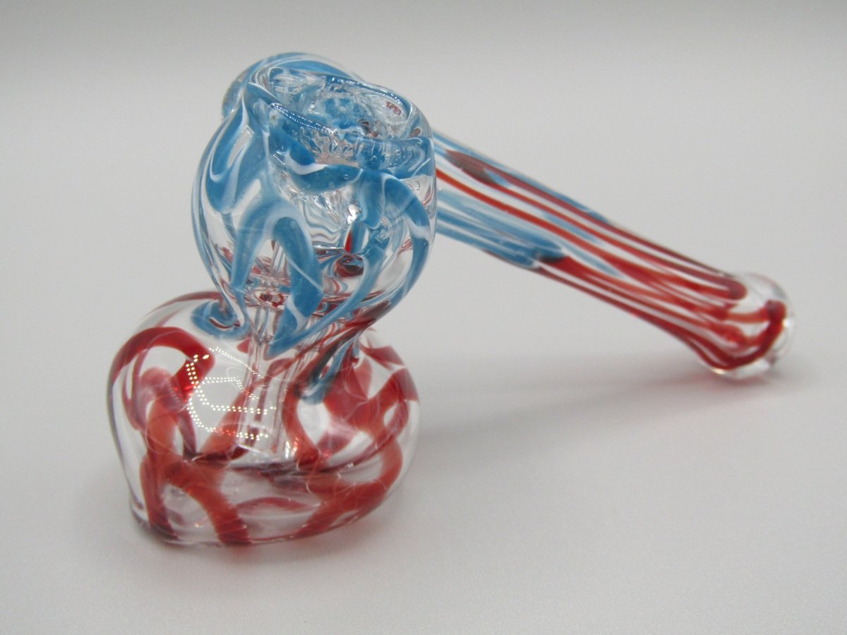 Zoom view 4" sidecar swirl hammer bubbler w/ blue and red color accents.